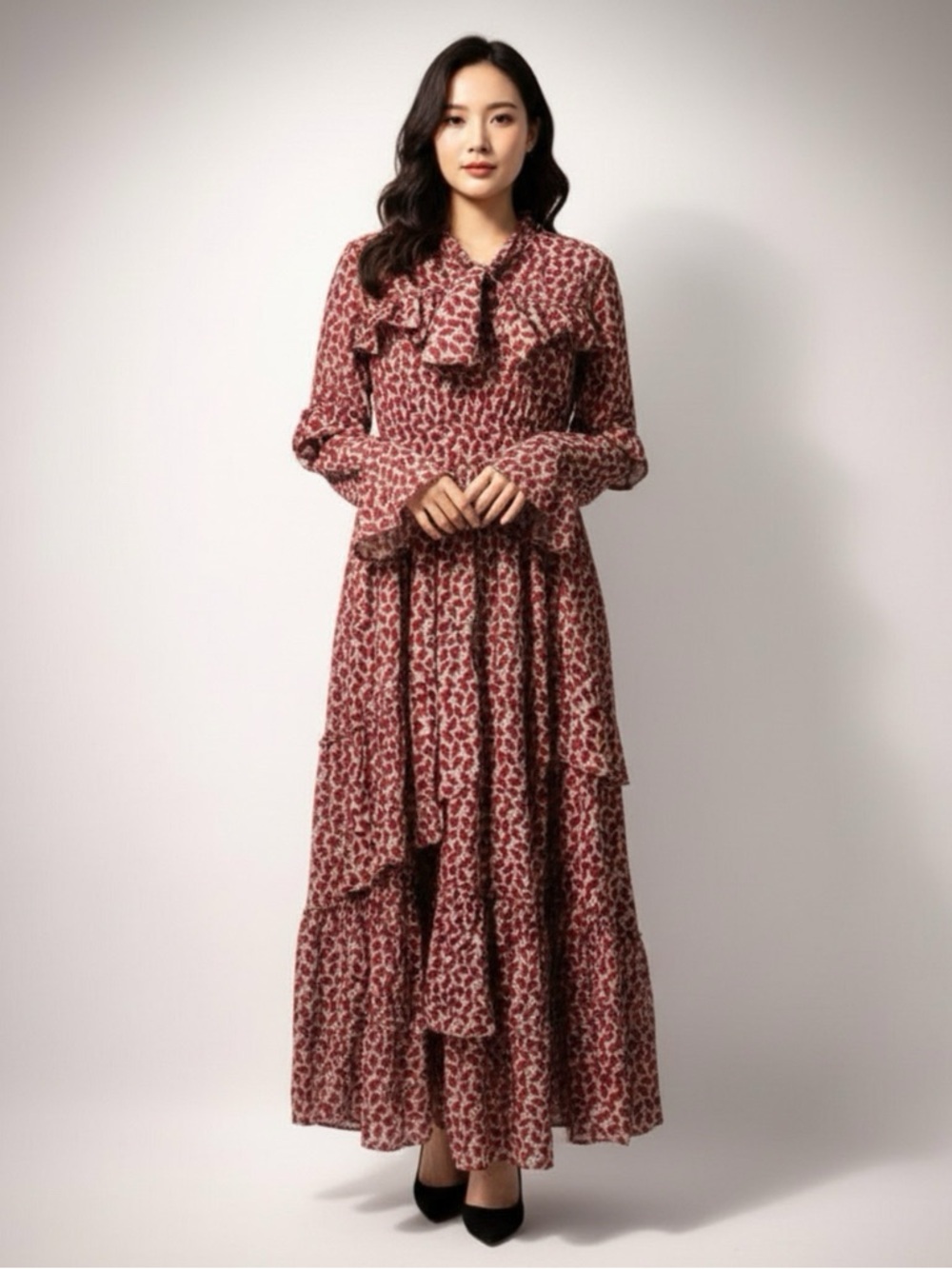 TOV Los Angeles Long Sleeve Ruffle Maxi Dress in Red Floral